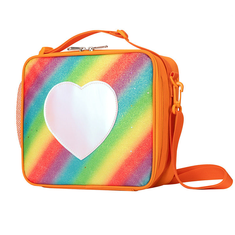 Orange Sparkling Rainbow Heart Insulated Lunch Bag for Kids - Portable School Lunch Box with Shoulder Strap V888-ELOSUNG27337