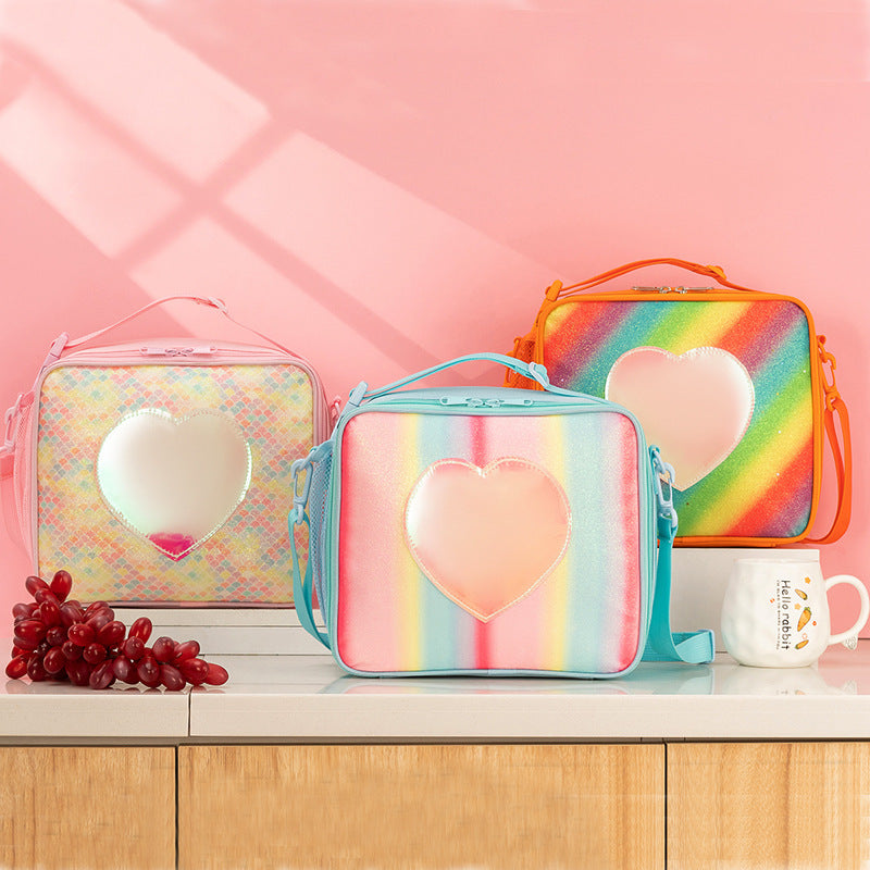 Orange Sparkling Rainbow Heart Insulated Lunch Bag for Kids - Portable School Lunch Box with Shoulder Strap V888-ELOSUNG27337