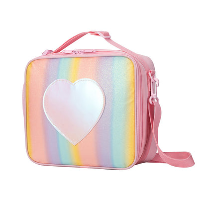 Pink Sparkling Rainbow Heart Insulated Lunch Bag for Kids - Portable School Lunch Box with Shoulder Strap V888-ELOSUNG27338