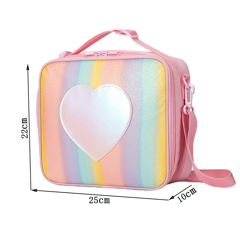 Pink Sparkling Rainbow Heart Insulated Lunch Bag for Kids - Portable School Lunch Box with Shoulder Strap V888-ELOSUNG27338