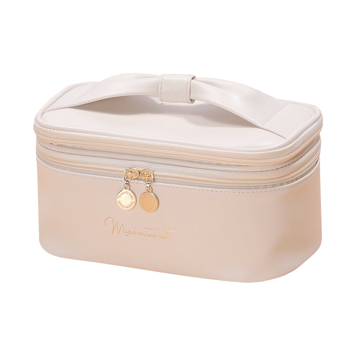 Beige Stylish PU Leather Makeup Bag - Large Capacity Double Layer Waterproof Travel Cosmetic Organizer Case V888-ELOSUNG27339