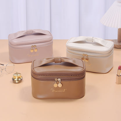 Beige Stylish PU Leather Makeup Bag - Large Capacity Double Layer Waterproof Travel Cosmetic Organizer Case V888-ELOSUNG27339