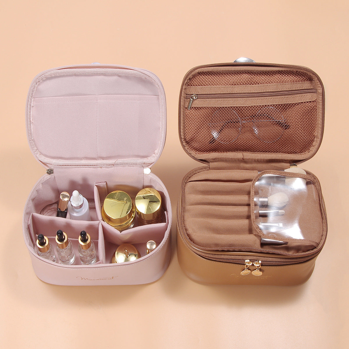 Beige Stylish PU Leather Makeup Bag - Large Capacity Double Layer Waterproof Travel Cosmetic Organizer Case V888-ELOSUNG27339
