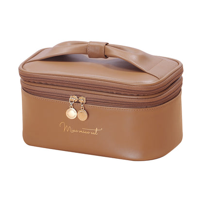 Brown Stylish PU Leather Makeup Bag - Large Capacity Double Layer Waterproof Travel Cosmetic Organizer Case V888-ELOSUNG27340