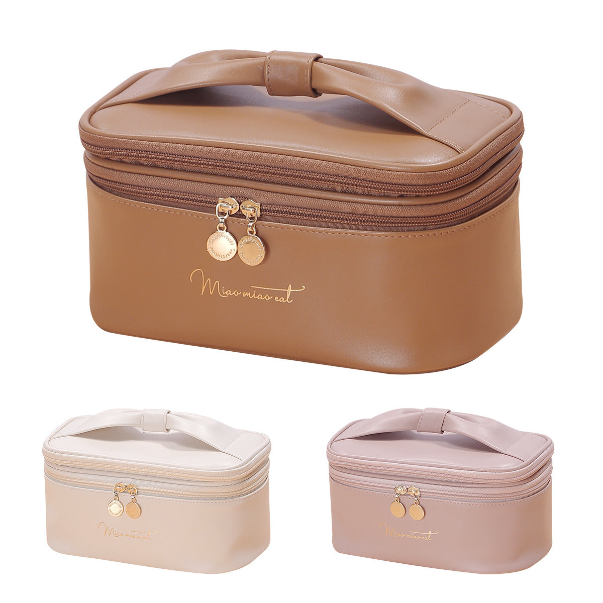 Brown Stylish PU Leather Makeup Bag - Large Capacity Double Layer Waterproof Travel Cosmetic Organizer Case V888-ELOSUNG27340