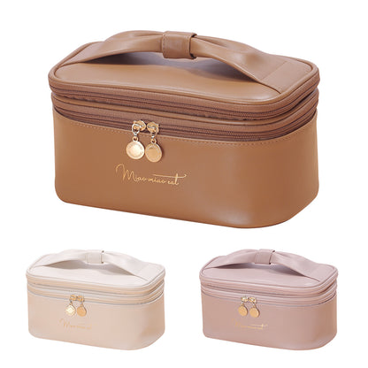 Brown Stylish PU Leather Makeup Bag - Large Capacity Double Layer Waterproof Travel Cosmetic Organizer Case V888-ELOSUNG27340