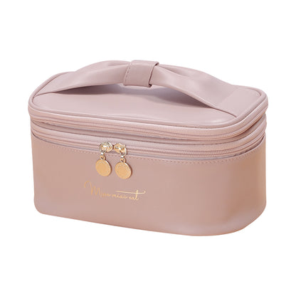 Pink Stylish PU Leather Makeup Bag - Large Capacity Double Layer Waterproof Travel Cosmetic Organizer Case V888-ELOSUNG27341
