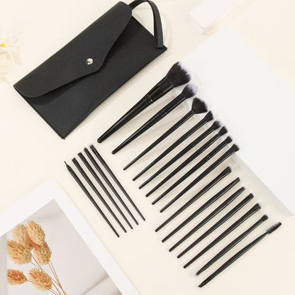 Black Complete 20-Piece Makeup Brush Set with Travel Pouch - Professional Synthetic Face & Eye Brushes Kit V888-ELOSUNG27345