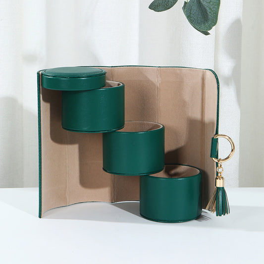 Green Elegant 3-Tier Cylindrical Travel Jewellery Box - PU Leather Organizer for Rings Earrings Necklaces V888-ELOSUNG27347