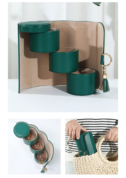 Green Elegant 3-Tier Cylindrical Travel Jewellery Box - PU Leather Organizer for Rings Earrings Necklaces V888-ELOSUNG27347