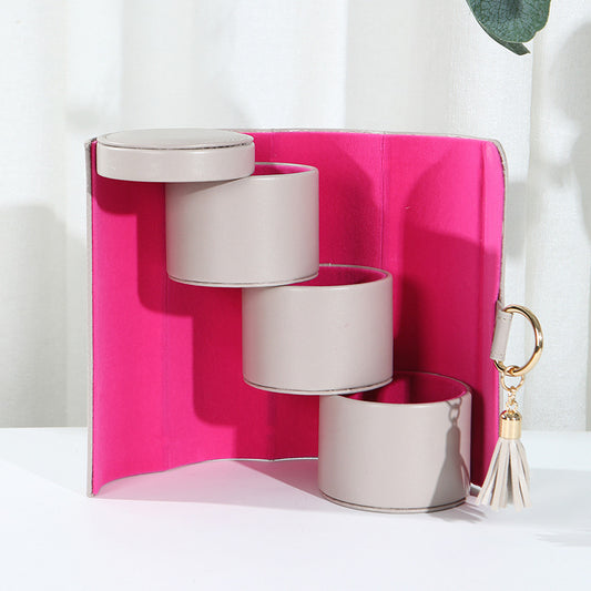 Beige and Pink Elegant 3-Tier Cylindrical Travel Jewellery Box - PU Leather Organizer for Rings Earrings V888-ELOSUNG27348