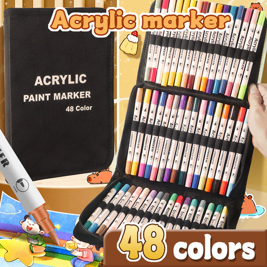 Colorful 48 Colors Dual Tip Acrylic Paint Marker Pens Set - Professional Art Markers with Carry Case for V888-ELOSUNG27352