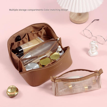 Beige Elegant PU Leather Makeup Bag & Toiletry Organizer with Detachable Mesh Pouch - Large Capacity Travel V888-ELOSUNG27366