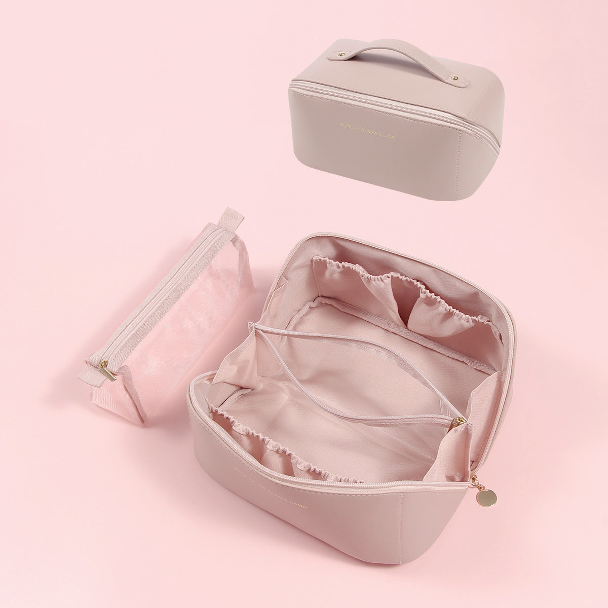 Pink Elegant PU Leather Makeup Bag & Toiletry Organizer with Detachable Mesh Pouch - Large Capacity Travel V888-ELOSUNG27367