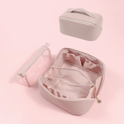 Pink Elegant PU Leather Makeup Bag & Toiletry Organizer with Detachable Mesh Pouch - Large Capacity Travel V888-ELOSUNG27367