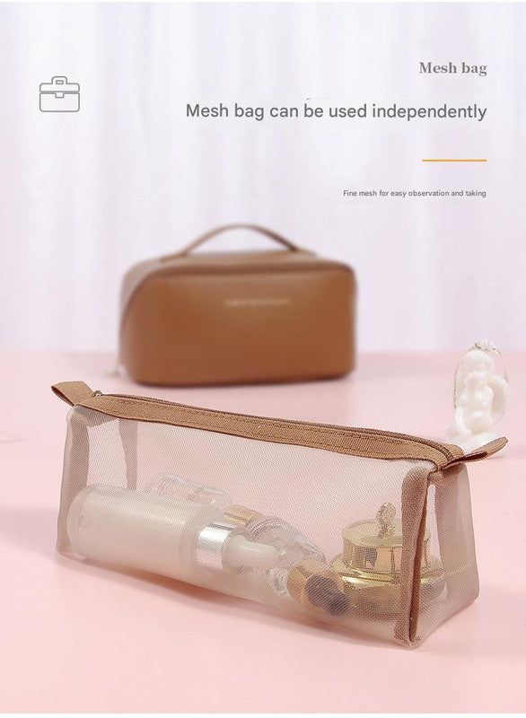 Pink Elegant PU Leather Makeup Bag & Toiletry Organizer with Detachable Mesh Pouch - Large Capacity Travel V888-ELOSUNG27367