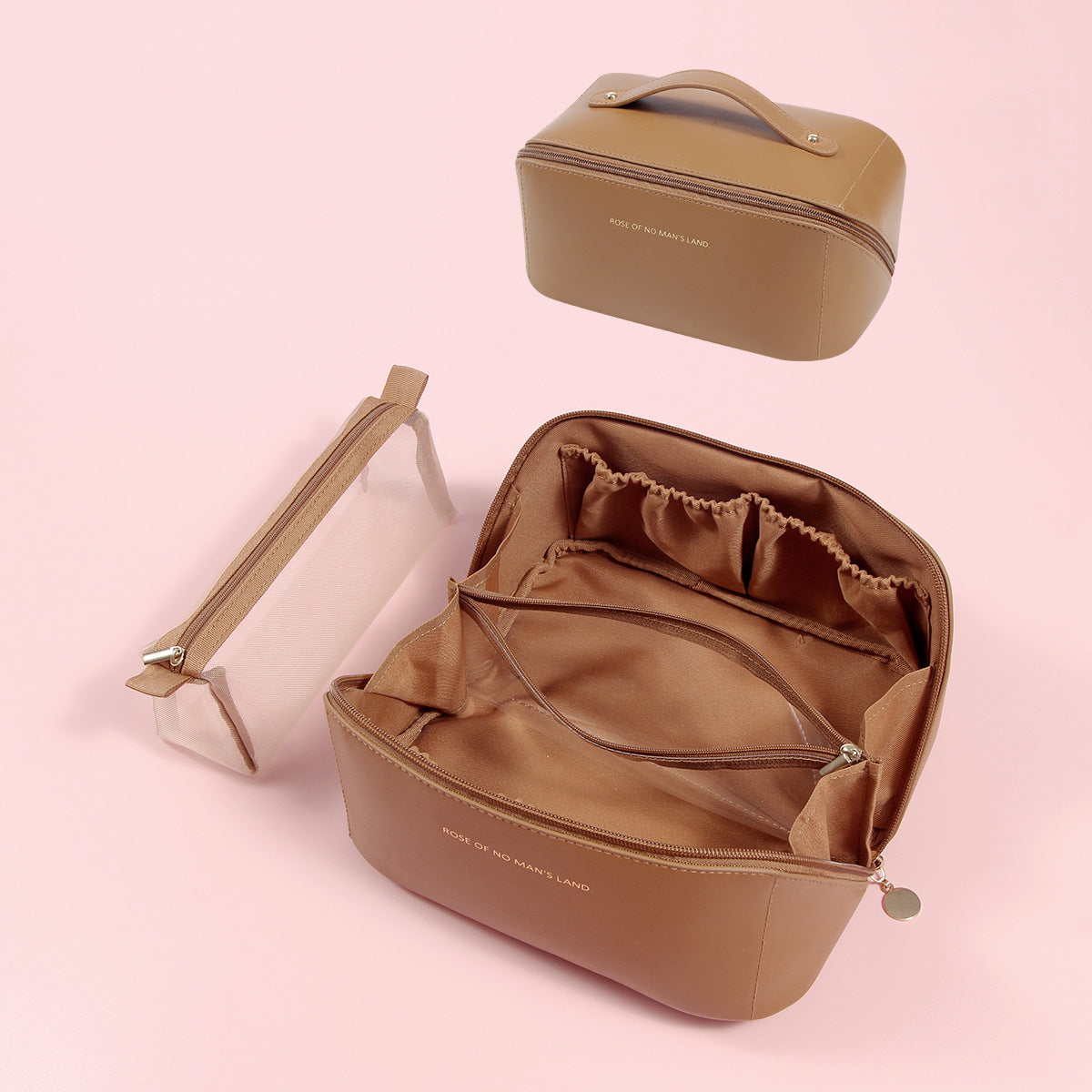 Brown Elegant PU Leather Makeup Bag & Toiletry Organizer with Detachable Mesh Pouch - Large Capacity Travel V888-ELOSUNG27368