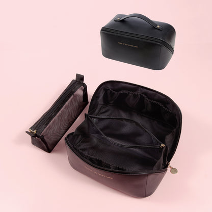 Black Elegant PU Leather Makeup Bag & Toiletry Organizer with Detachable Mesh Pouch - Large Capacity Travel V888-ELOSUNG27369