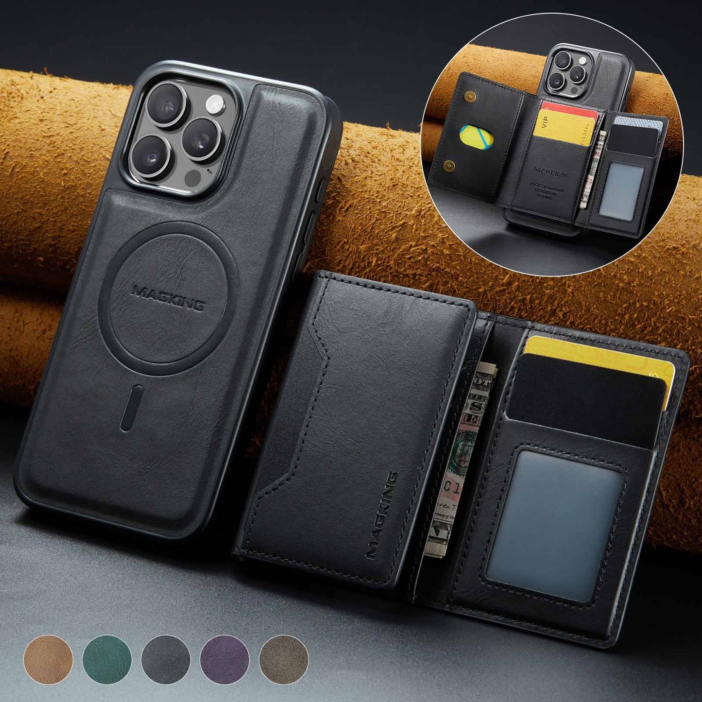 Black Premium MagSafe Wallet Case for iPhone 16 Pro Max - Detachable PU Leather Magnetic Card Holder V888-ELOSUNG27392