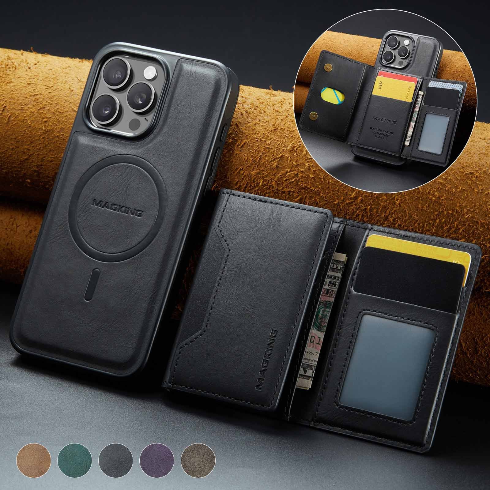 Black Premium MagSafe Wallet Case for iPhone 16 Pro Max - Detachable PU Leather Magnetic Card Holder V888-ELOSUNG27392