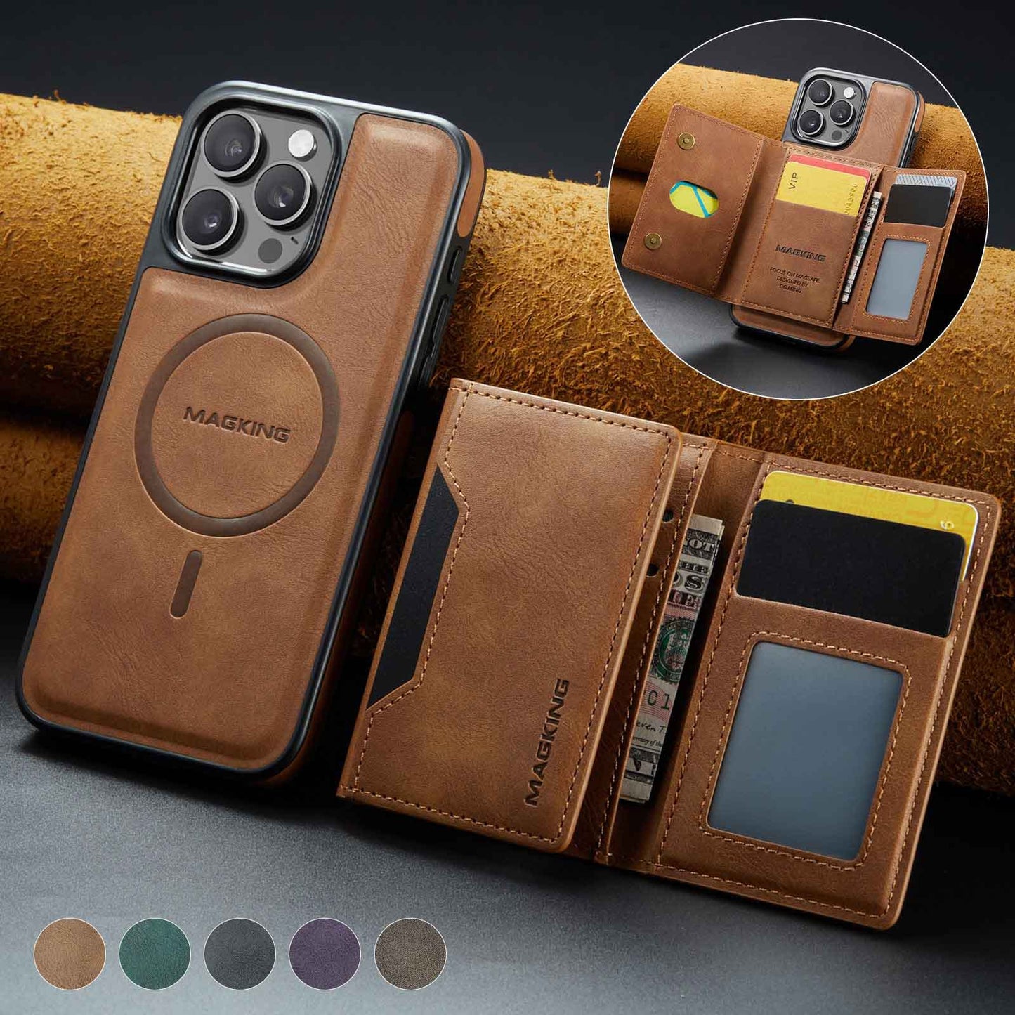 Brown Premium MagSafe Wallet Case for iPhone 16 Pro Max - Detachable PU Leather Magnetic Card Holder V888-ELOSUNG27393