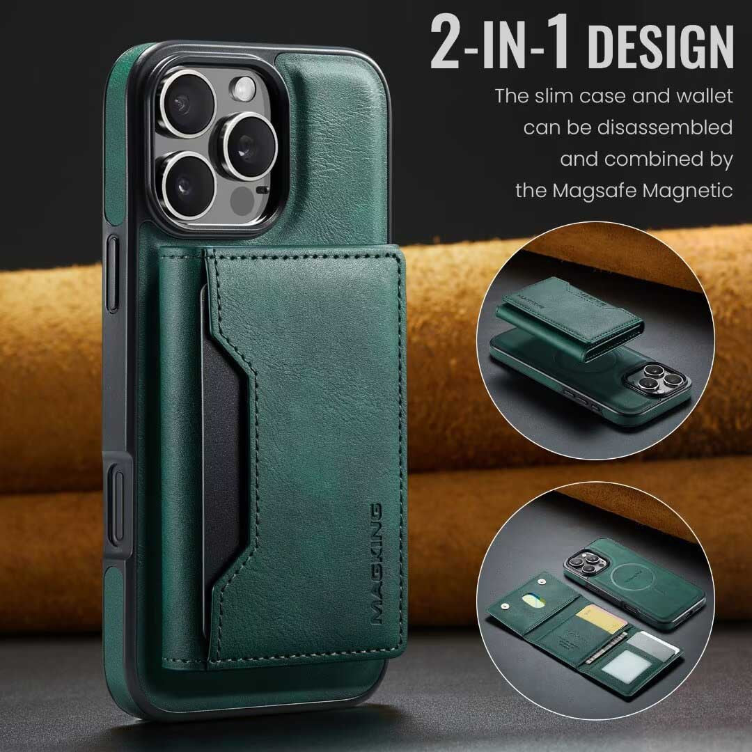 Green Premium MagSafe Wallet Case for iPhone 16 Pro Max - Detachable PU Leather Magnetic Card Holder V888-ELOSUNG27396