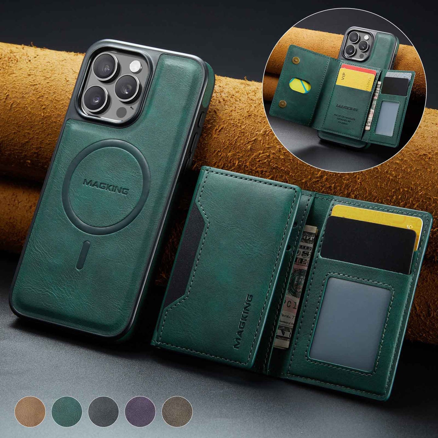 Green Premium MagSafe Wallet Case for iPhone 16 Pro Max - Detachable PU Leather Magnetic Card Holder V888-ELOSUNG27396