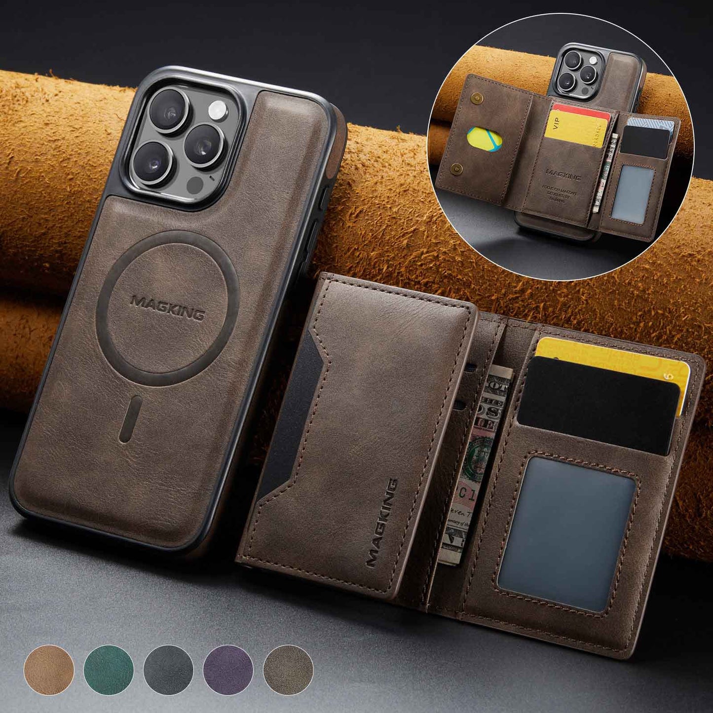 Coffee Premium MagSafe Wallet Case for iPhone 16 Pro - Detachable PU Leather Magnetic Card Holder V888-ELOSUNG27400