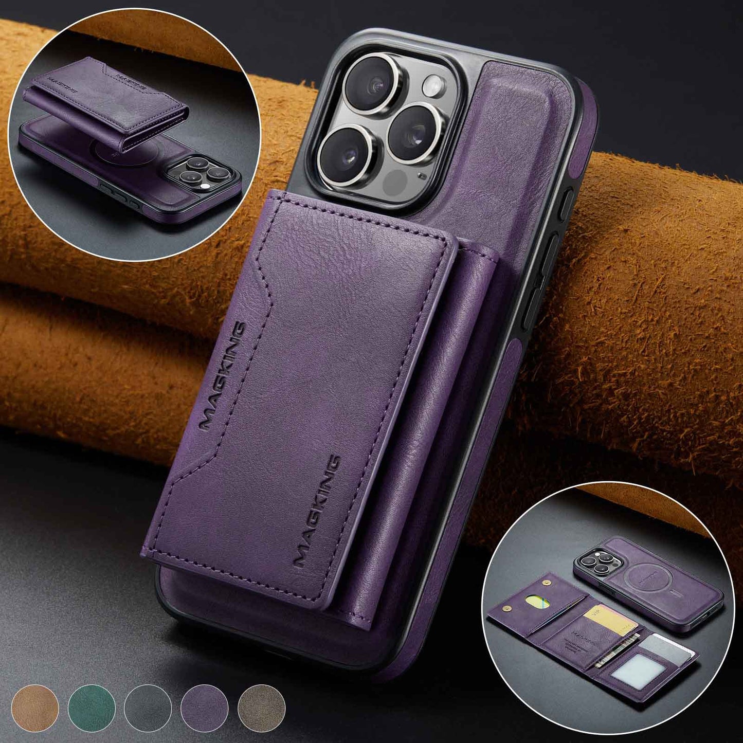 Purple Premium MagSafe Wallet Case for iPhone 16 Pro - Detachable PU Leather Magnetic Card Holder V888-ELOSUNG27401