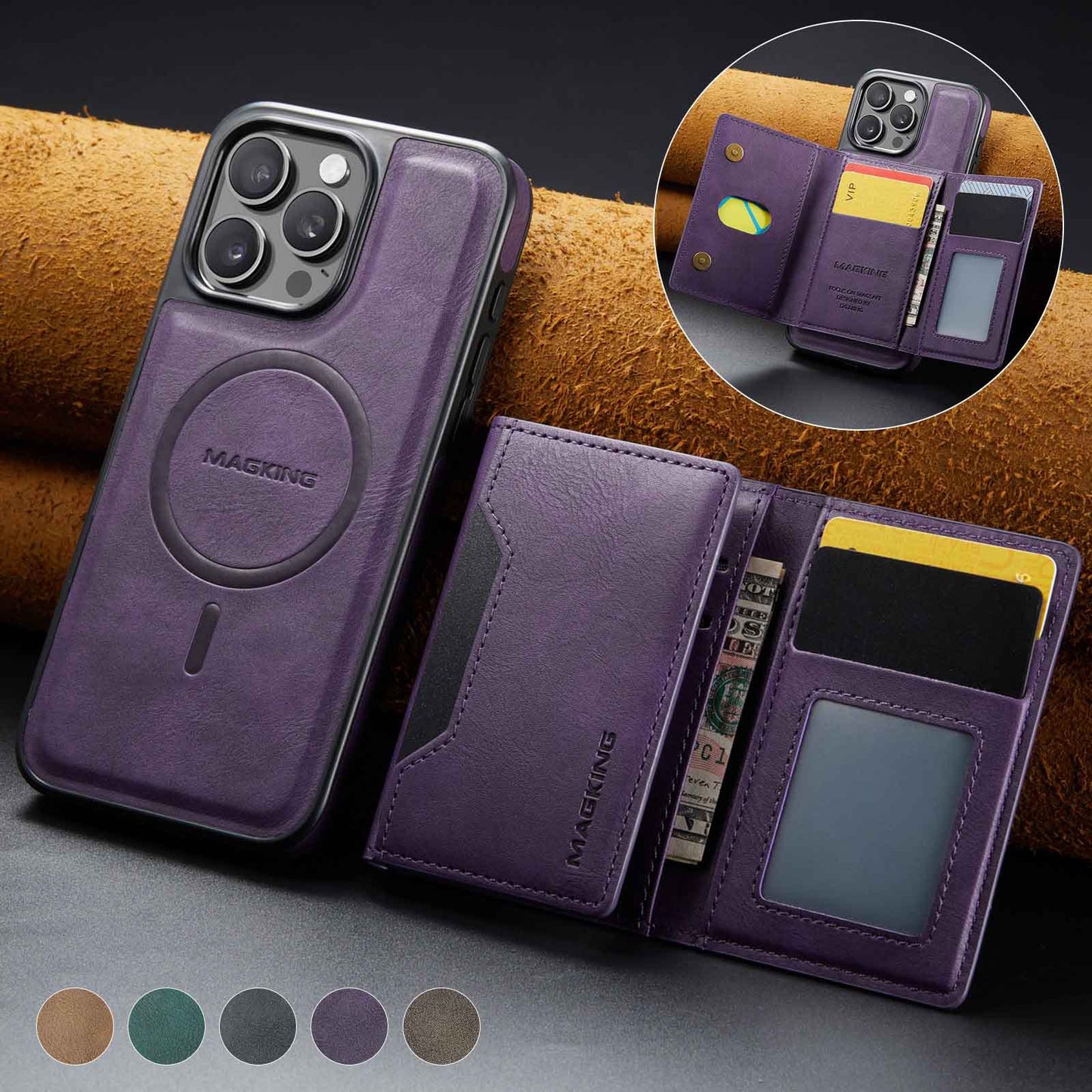 Purple Premium MagSafe Wallet Case for iPhone 16 Pro - Detachable PU Leather Magnetic Card Holder V888-ELOSUNG27401
