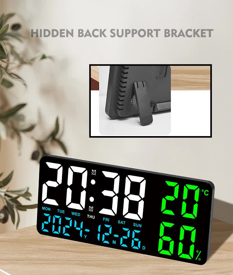 Black Background With Green and White Light Sleek Large LED Digital Wall & Desk Clock - Remote Control, V888-ELOSUNG27420