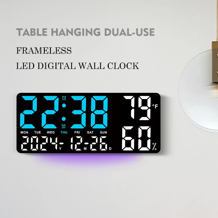 Black Background With Blue and White Light Sleek Large LED Digital Wall & Desk Clock - Remote Control, V888-ELOSUNG27421