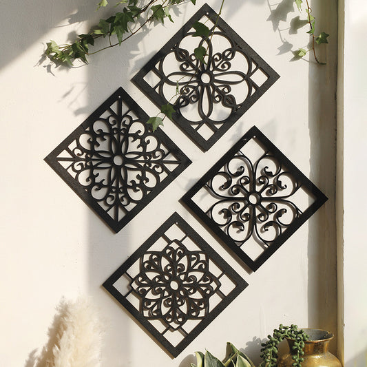 Black Set of 4 Intricate Black Wooden Wall Art Panels - Diamond Mandala Style Home Decor Plaques V888-ELOSUNG27435