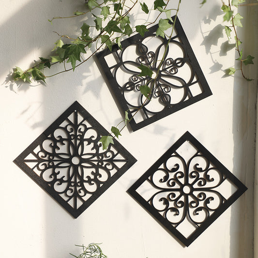 Black Set of 4 Intricate Black Wooden Wall Art Panels - Diamond Mandala Style Home Decor Plaques V888-ELOSUNG27435