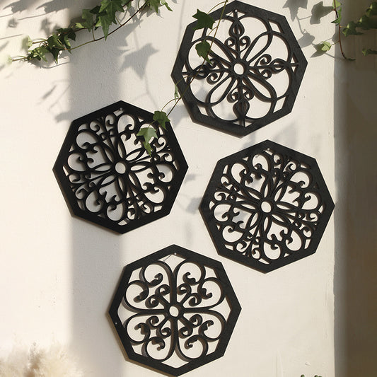 Black Set of 4 Intricate Wooden Octagonal Wall Art - European Style Mandala Decor Plaques V888-ELOSUNG27436