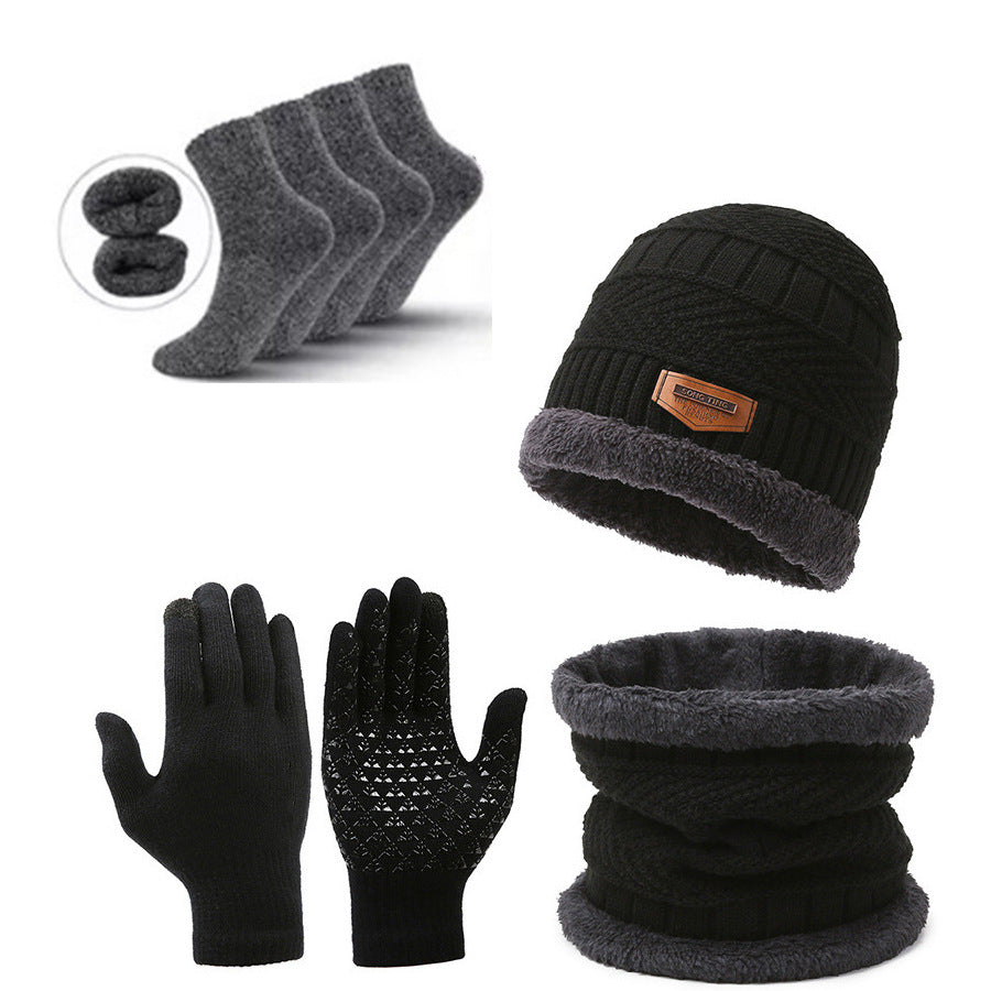 Black Men's 5-Piece Winter Essentials Set - Lined Beanie Hat, Neck Warmer, Touchscreen Gloves & 2 Pairs V888-ELOSUNG27456