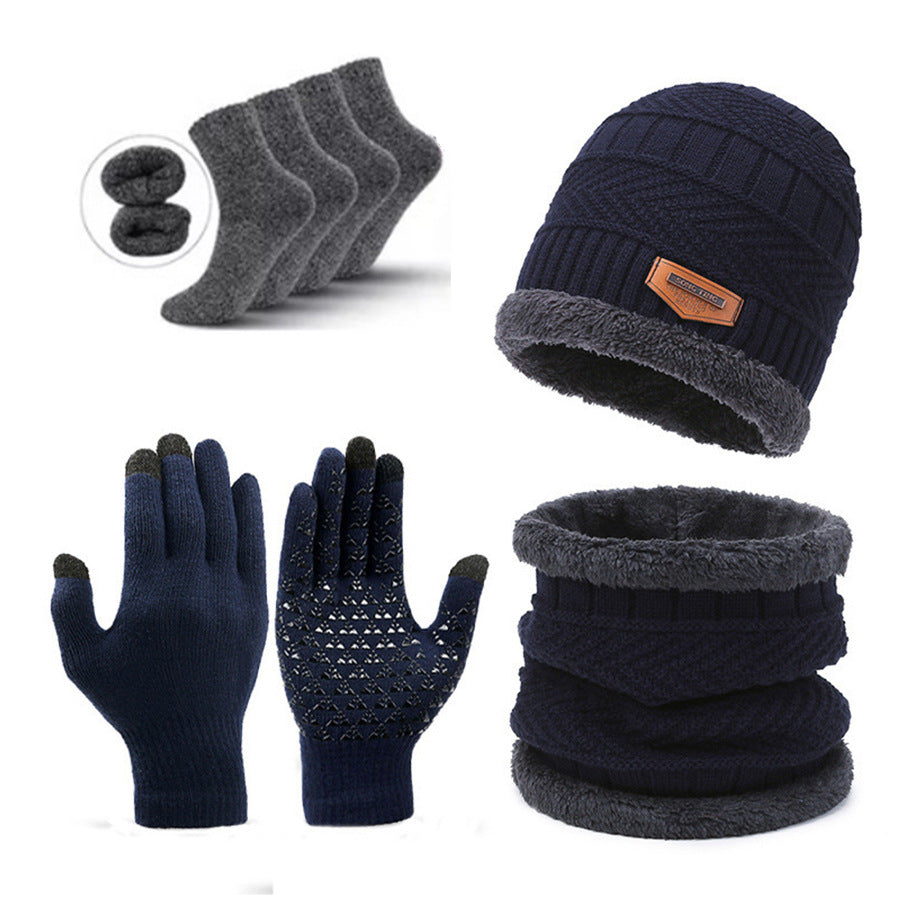 Dark Blue Men's 5-Piece Winter Essentials Set - Lined Beanie Hat, Neck Warmer, Touchscreen Gloves & 2 Pairs V888-ELOSUNG27458