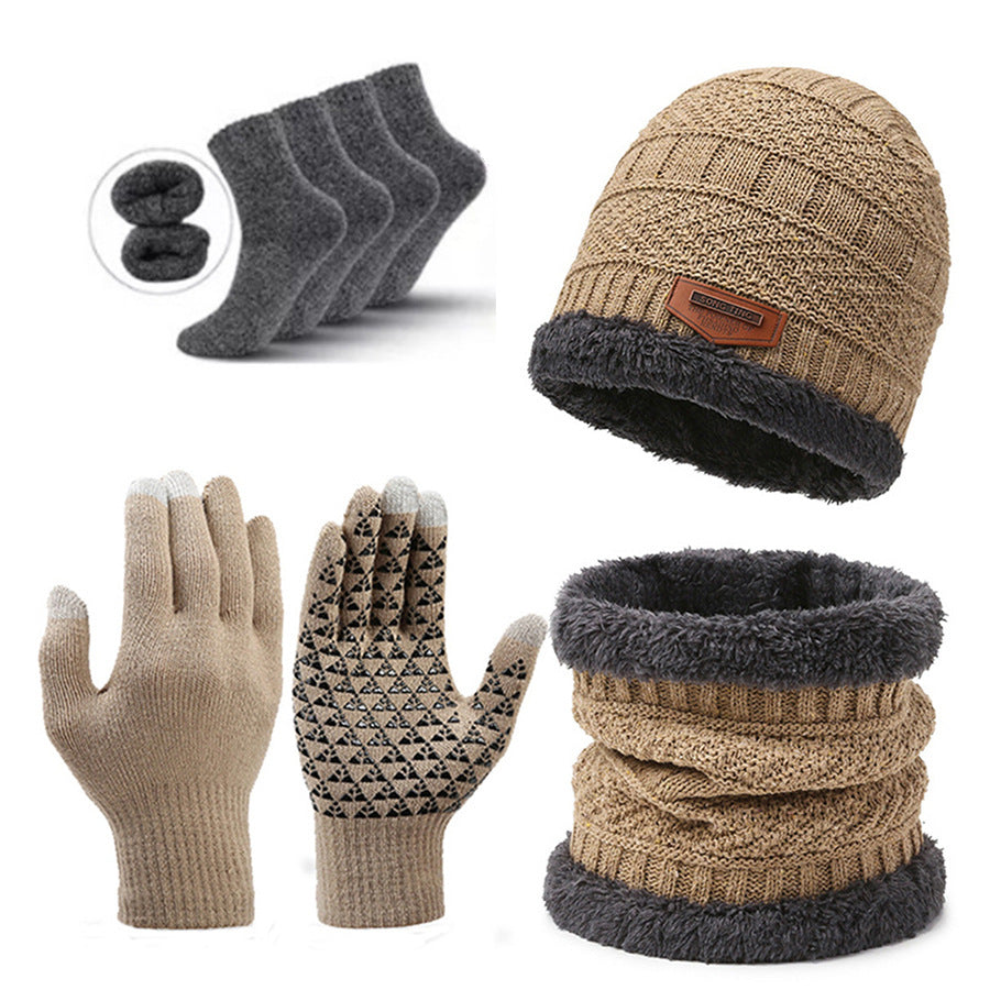 Khaki Men's 5-Piece Winter Essentials Set - Lined Beanie Hat, Neck Warmer, Touchscreen Gloves & 2 Pairs V888-ELOSUNG27459