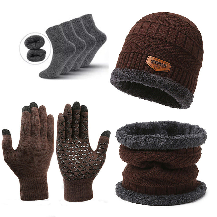 Brown Men's 5-Piece Winter Essentials Set - Lined Beanie Hat, Neck Warmer, Touchscreen Gloves & 2 Pairs V888-ELOSUNG27460