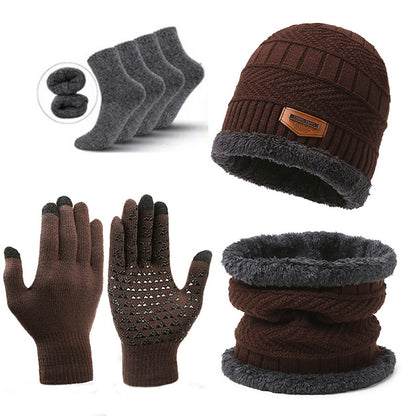Brown Men's 5-Piece Winter Essentials Set - Lined Beanie Hat, Neck Warmer, Touchscreen Gloves & 2 Pairs V888-ELOSUNG27460