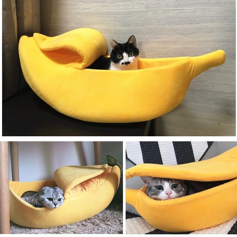 Beige Cozy Banana Peel Pet Bed - Plush & Warm Cave House for Cats & Small Dogs (Medium) V888-ELOSUNG27464