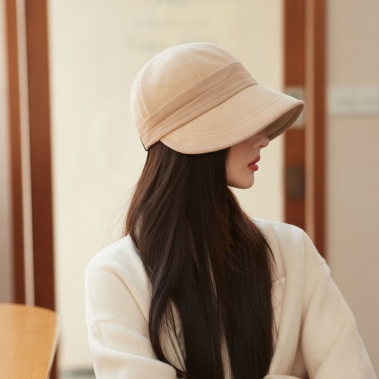 Beige Elegant Warm Bucket Hat - Minimalist Color Block Design, Face-Slimming Style for Autumn & Winter V888-ELOSUNG27466