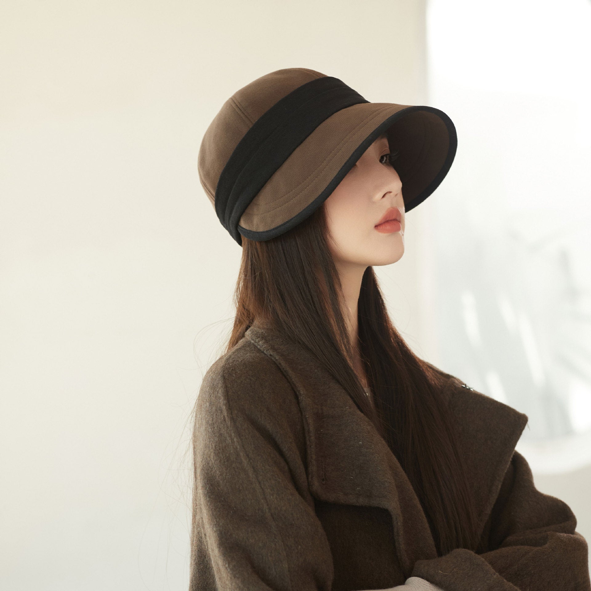 Coffee Elegant Warm Bucket Hat - Minimalist Color Block Design, Face-Slimming Style for Autumn & Winter V888-ELOSUNG27467