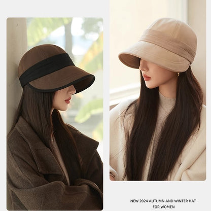 Black Elegant Warm Bucket Hat - Minimalist Color Block Design, Face-Slimming Style for Autumn & Winter V888-ELOSUNG27468