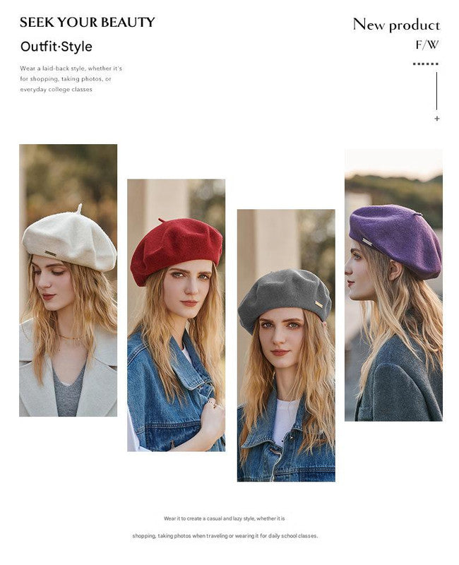 Black Elegant Wool Beret - Classic Warm Thick British Style Hat for Autumn & Winter V888-ELOSUNG27469