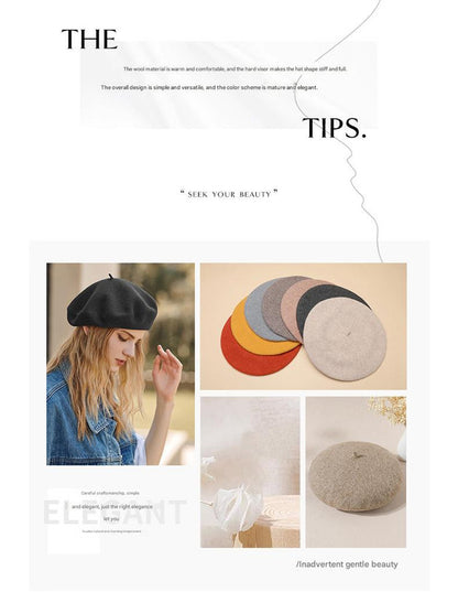 Red Elegant Wool Beret - Classic Warm Thick British Style Hat for Autumn & Winter V888-ELOSUNG27471