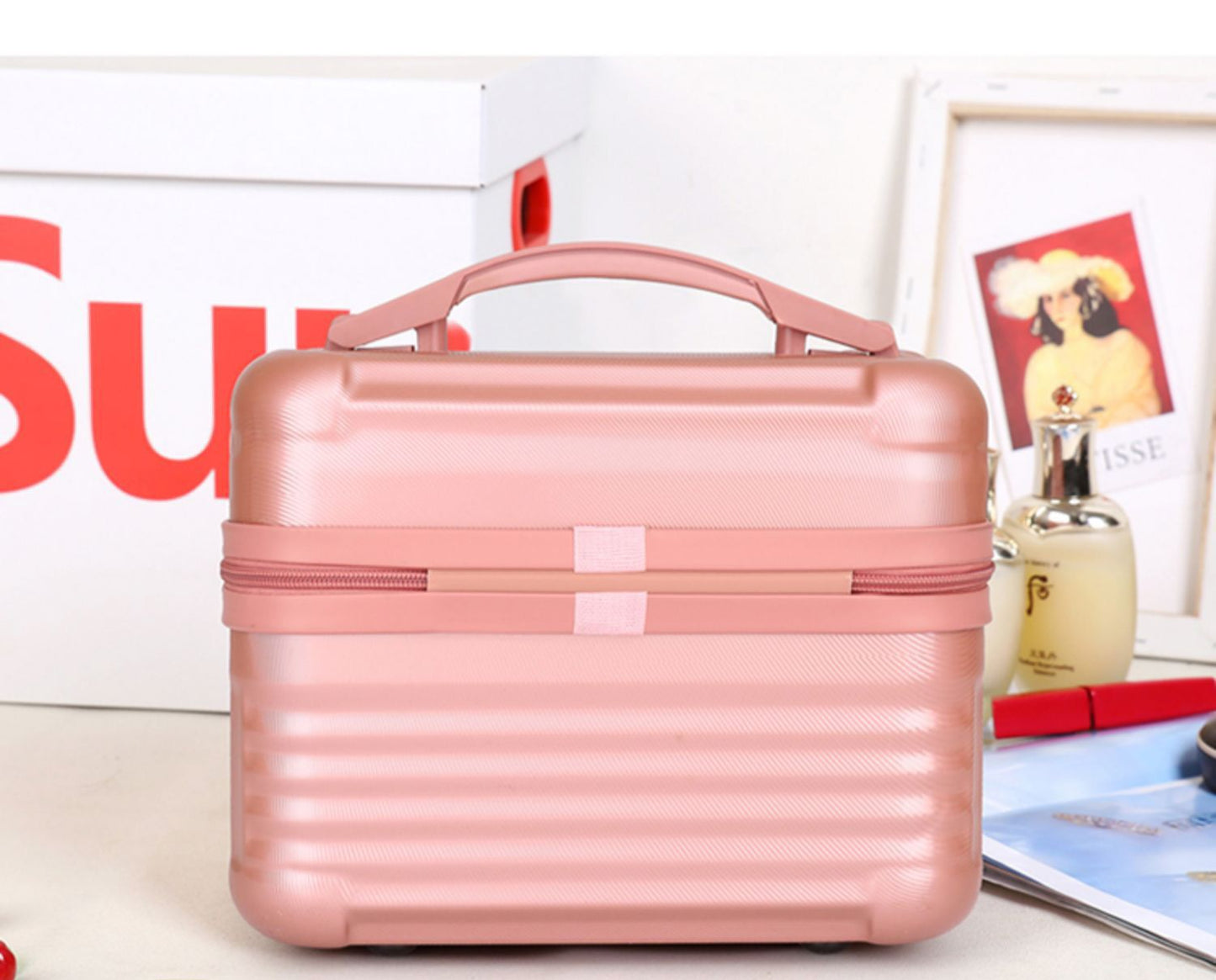 Pink Durable Hard Shell Makeup Travel Case - Large Capacity Portable Cosmetic Organizer Box with Handle V888-ELOSUNG27475