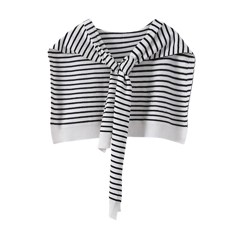 White Chic Striped Knit Tie-Front Shawl - Lightweight Versatile Layering Capelet for Women V888-ELOSUNG27480