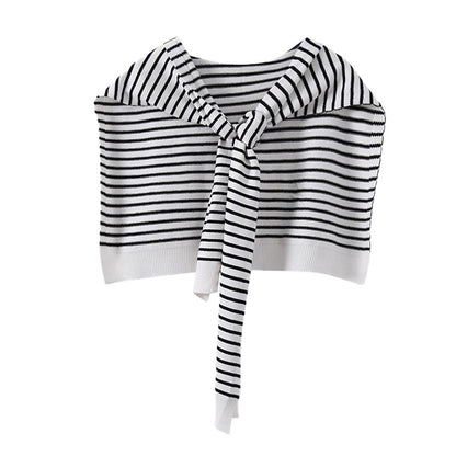 White Chic Striped Knit Tie-Front Shawl - Lightweight Versatile Layering Capelet for Women V888-ELOSUNG27480