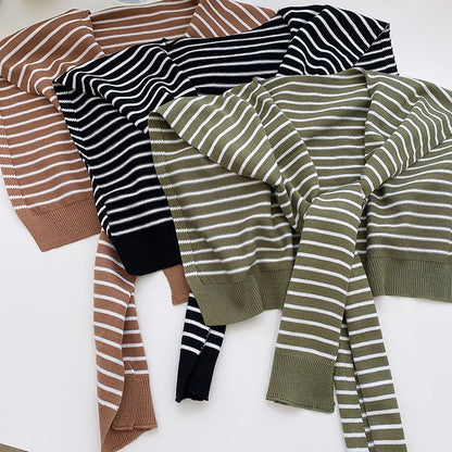 White Chic Striped Knit Tie-Front Shawl - Lightweight Versatile Layering Capelet for Women V888-ELOSUNG27480
